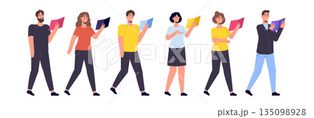 Students reading book,  preparing for examination. Set Books lover concept. Vector Illustration 135098928