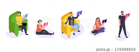 Students reading book, preparing for examination. Set Books lover concept. Vector Illustration Students reading book, preparing for examination. Set Books lover concept. Vector Illustration 135098929