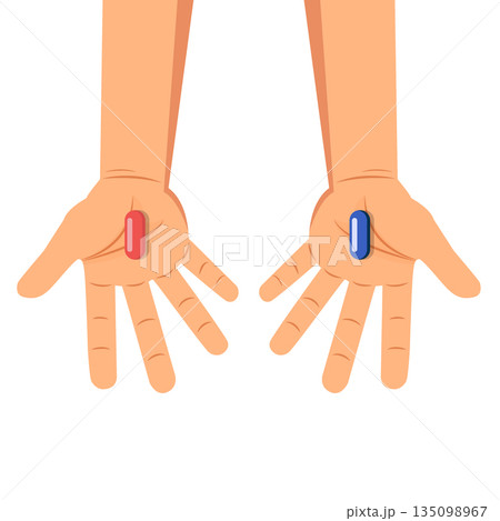 Hands with Red and blue pills choice.  Tablets question metaphor. Vector illustration 135098967