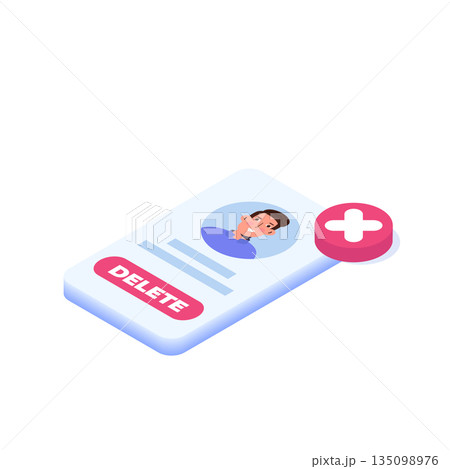 Remove or delete the social account or profile concept. Isometric vector illustrations for banner, website, landing page, flyer. Remove or delete the social account or profile concept. Isometric vector illustrations for banner, website, landing page, flyer. 135098976