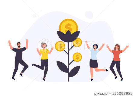Revenue increase, money tree, high budget concept with happy businessman. Investment profit. Vector illustration. Revenue increase, money tree, high budget concept with happy businessman. Investment profit. Vector illustration. 135098989