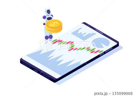 Robot investing, Robo-advisor. Artificial intelligence and businessman using IT algorithms for Forex tradings. Vector illustration isometric Robot investing, Robo-advisor. Artificial intelligence and businessman using IT algorithms for Forex tradings. Vector illustration isometric 135099008