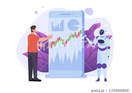 Robot investing, Robo-advisor. Artificial intelligence and businessman using IT algorithms for Forex tradings. Vector illustration 135099009