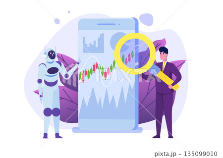 Robot investing, Robo-advisor. Artificial intelligence and businessman using IT algorithms for Forex tradings. Vector illustration 135099010