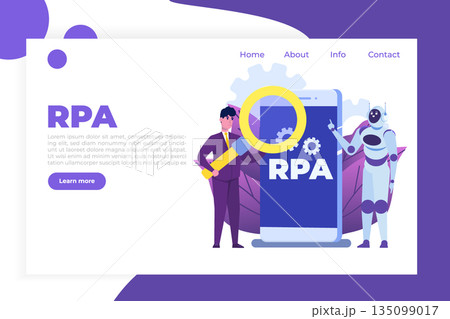 Robotic Process Automation concept, RPA. Robot or Chat bot helps people in different tasks. Vector illustration. Robotic Process Automation concept, RPA. Robot or Chat bot helps people in different tasks. Vector illustration. 135099017