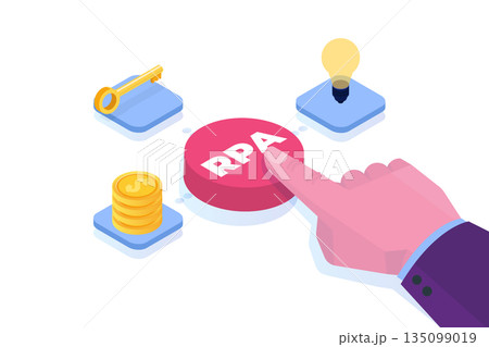 Robotic Process Automation concept. Hand press button with RPA inscription. Vector illustration. Robotic Process Automation concept. Hand press button with RPA inscription. Vector illustration. 135099019