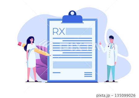Doctor character writing RX prescription form. Online clinic concept. Vector illustration in flat style. Doctor character writing RX prescription form. Online clinic concept. Vector illustration in flat style. 135099026