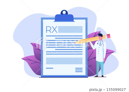 Doctor character writing  RX prescription form. Online clinic concept.  Vector illustration in flat style. 135099027