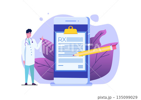 Doctor character writing  RX prescription form. Online clinic concept.  Vector illustration in flat style. 135099029
