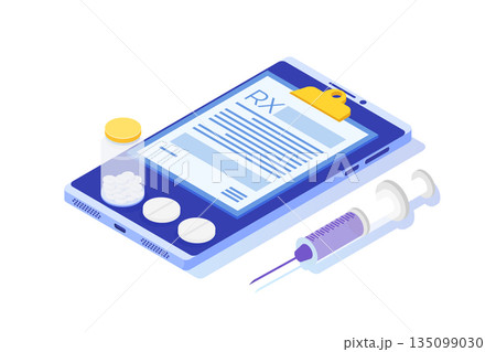 RX prescription form on Clipboard pad on smartphone. Online clinic concept.  Vector isometric illustration in flat style. 135099030