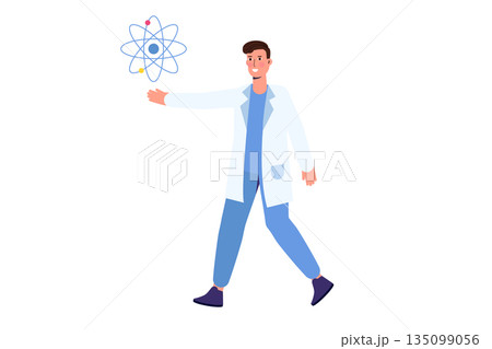 Man scientists showing atomic model. Vector illustration. Man scientists showing atomic model. Vector illustration. 135099056