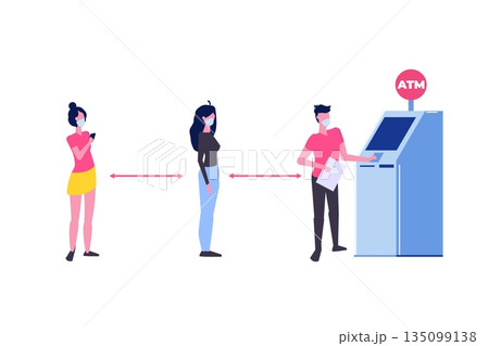 Social distancing and coronavirus covid-19 prevention. People are waiting in line near ATM machine. Vector illustration in a flat style Social distancing and coronavirus covid-19 prevention. People are waiting in line near ATM machine. Vector illustration in a flat style 135099138