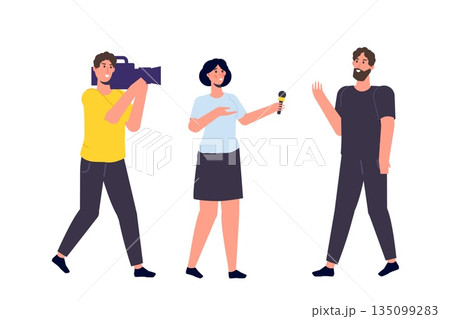 TV reporter character, Journalist special correspondent and camera man concept. Vector illustration. 135099283