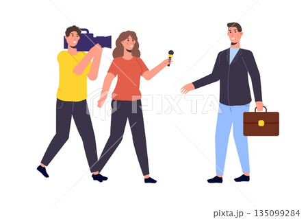 TV reporter character, Journalist special correspondent and camera man concept. Vector illustration. 135099284
