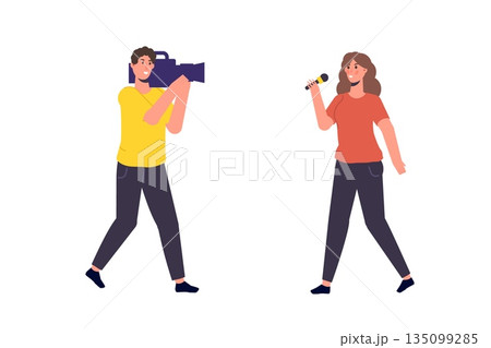 TV reporter character, Journalist special correspondent and camera man concept. Vector illustration. 135099285