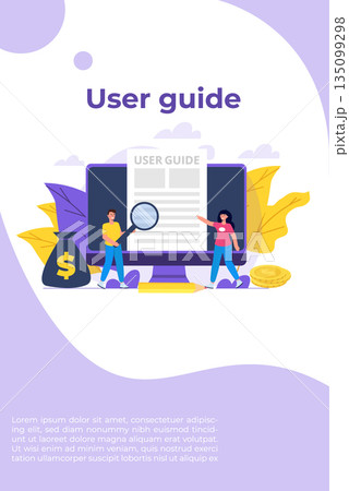 User manual  flat style concept. People with guide instruction are discussing about content of handbook. Vector illustration. 135099298