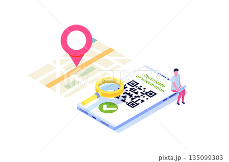 New normal, Vaccine mobile certificate or passport, QR code on application. Vector illustration. New normal, Vaccine mobile certificate or passport, QR code on application. Vector illustration. 135099303