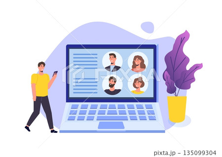 Video call, virtual meeting and group video conference concept. Vector illustration. Video call, virtual meeting and group video conference concept. Vector illustration. 135099304