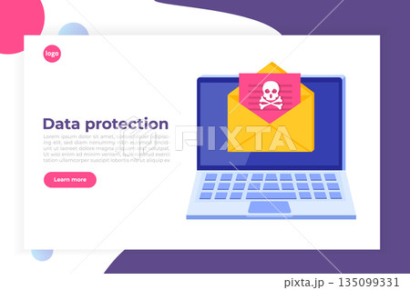 Laptop virus malware trojan notification or alert. Hacker attack, Data Protection vector concept. Laptop virus malware trojan notification or alert. Hacker attack, Data Protection vector concept. 135099331