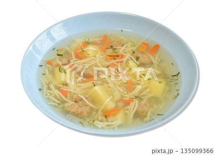 Ceramic bowl with soup. Ceramic bowl with soup. 135099366