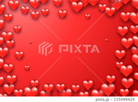 Valentine's Day greeting card with red hearts flying scattered over background. Symbol of love and spring, sprayed 135099429