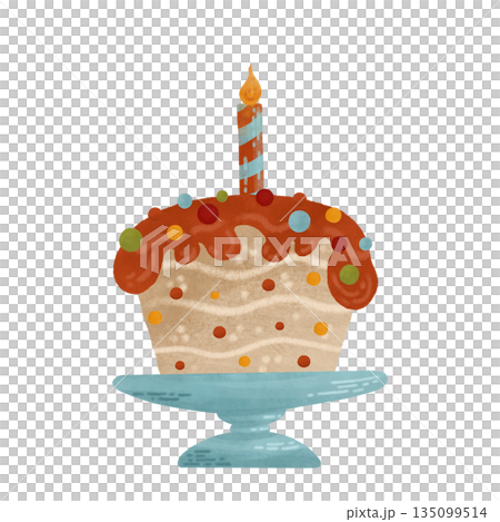 The cupcake is a festive watercolor composition in warm colors, decorated with a single candle. Pastel, gouache. The composition is isolated. For product design, prints, packaging, textiles, wallpaper 135099514