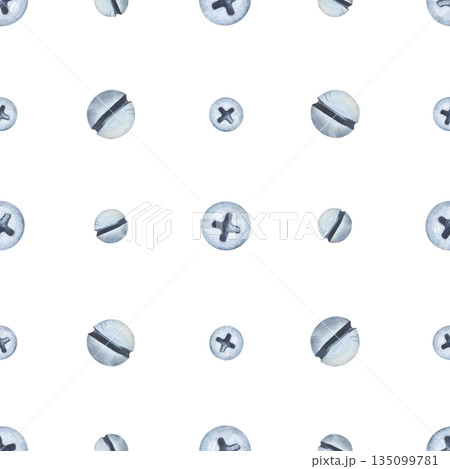 Watercolor seamless drawing with metal caps of screws and bolts on an insulated background. Illustration of realistic working tools in natural colors. A template for packaging and registration of a Watercolor seamless drawing with metal caps of screws and bolts on an insulated background. Illustration of realistic working tools in natural colors. A template for packaging and registration of a 135099781