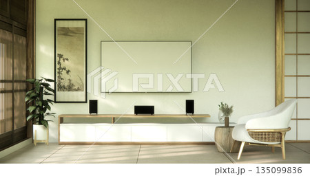 Cabinet on scene living room wall decoration and granite tiles floor.3D rendering 135099836