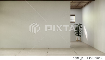 Mock up interior concept Empty room wood docoration wall on tiles floor. 3D illustration rendering 135099842