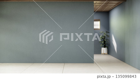 Dark blue color empty room zen style and decoraion wooden design, earth tone.3D rendering 135099843