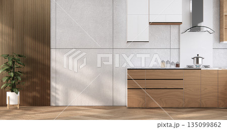 kitchen room interior with Kitchen counter on wooden tiles. 3D rendering 135099862