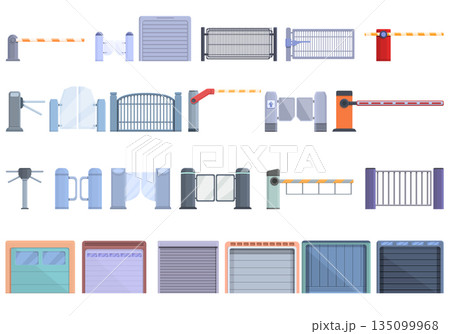 Automatic gate icons set, cartoon style Automatic gate icons set, cartoon style 135099968