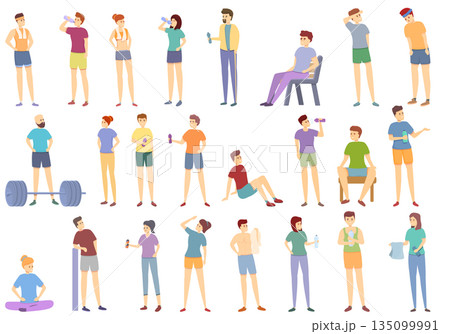 Resting athlete icons set cartoon vector. Bored athlete break Resting athlete icons set cartoon vector. Bored athlete break 135099991