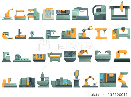 Cnc machine icons set cartoon vector. Mill controller Cnc machine icons set cartoon vector. Mill controller 135100011