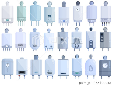 Gas boiler icons set cartoon vector. Room hvac Gas boiler icons set cartoon vector. Room hvac 135100038