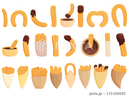 Churros icons set cartoon vector. Mexican chocolate 135100085