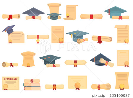 Graduation certificate icons set cartoon vector. Achievement award 135100087