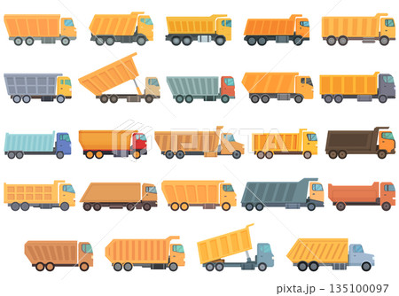 Car tipper icons set cartoon vector. Car truck Car tipper icons set cartoon vector. Car truck 135100097