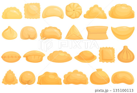 Dumplings icons set cartoon vector. Wonton pelmeni Dumplings icons set cartoon vector. Wonton pelmeni 135100113