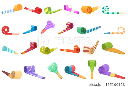 Party blower icons set cartoon vector. Horn birthday Party blower icons set cartoon vector. Horn birthday 135100128