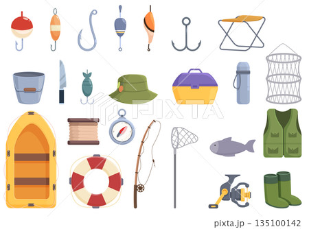 Fishing icons set cartoon vector. Fishery boat 135100142