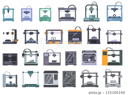 3D printing in construction icons set cartoon vector. Lab print 135100149