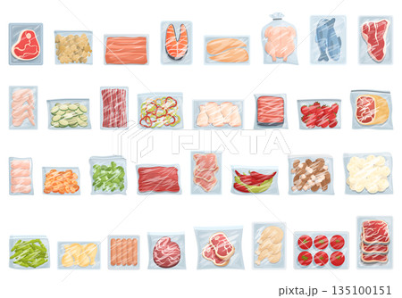 Frozen food icons set cartoon vector. Chicken bag Frozen food icons set cartoon vector. Chicken bag 135100151