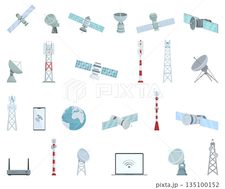 Satellite Internet icons set cartoon vector. Antenna communication Satellite Internet icons set cartoon vector. Antenna communication 135100152