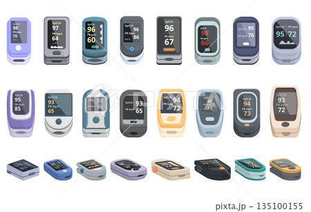 Pulse oximeter icons set cartoon vector. Blood health 135100155