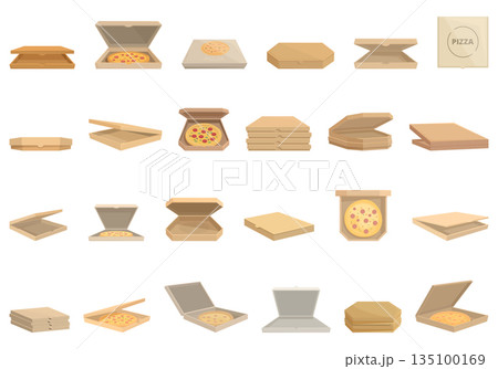 Cardboard pizza box icons set cartoon vector. Food package Cardboard pizza box icons set cartoon vector. Food package 135100169