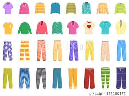 Pajamas icons set cartoon vector. Girl comfy clothes Pajamas icons set cartoon vector. Girl comfy clothes 135100175