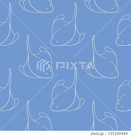 Seamless pattern with stingray in line art style. Wallpaper for summer design on blue background. 135100484