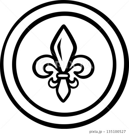 Mardi Gras fleur-de-lis coin icon in doodle sketch style. Minimalist black and white line art for carnival, French heritage, or elegance 135100527