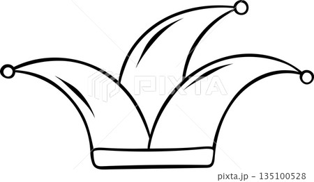 Mardi Gras jester hat icon in doodle sketch style. Minimalist black and white line art for carnival, festival, or comedy theme 135100528